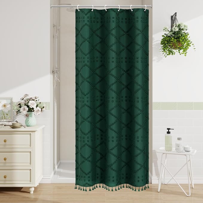 Stall Dark Green Boho Woven Fabric Shower Curtain with Tassel 36 x 72, Bohemia Tufted Chevron Striped Chic Textured, Green Waterproof Small Curtain for Bathroom, Modern Farmhouse Minimalist