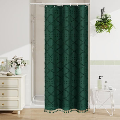Stall Dark Green Boho Woven Fabric Shower Curtain with Tassel 36 x 72, Bohemia Tufted Chevron Striped Chic Textured, Green Waterproof Small Curtain for Bathroom, Modern Farmhouse Minimalist