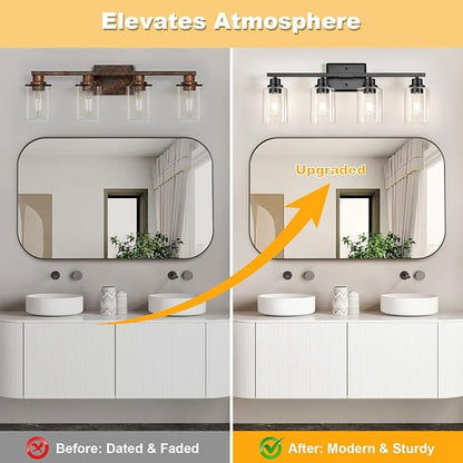 Unicozin Modern Black Bathroom Light Fixtures, 4-Light Vanity Lights Over Mirror with E26 LED Bulbs Included, Wall Sconce with Clear Glass Shades for Living Room Bedroom Hallway Kitchen