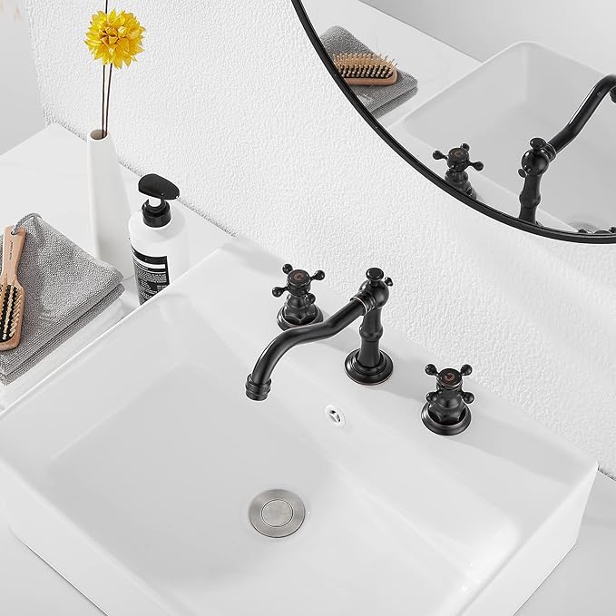 GGStudy Two Handles Three Holes Faucet 8-16 inch Widespread Bathroom Sink Faucet Oil Rubbed Bronze Basin Tap Mixer Supply Hose Included Matching Metal Pop Up Drain