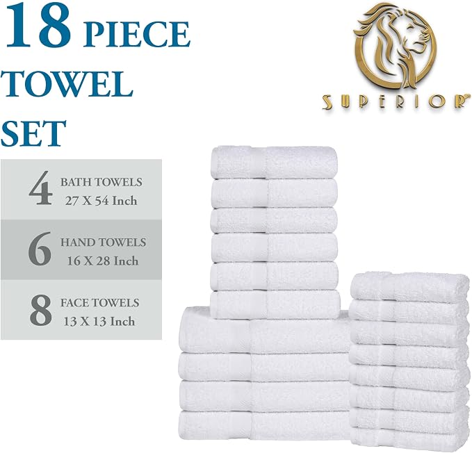 Superior 18-Piece Cotton Assorted Towel Set, Includes 8 Face Towel, 6 Hand, and 4 Bath Towels, Home, Bathroom, Guest Bath Essentials, Quick Dry, Absorbent, Franklin Collection - White