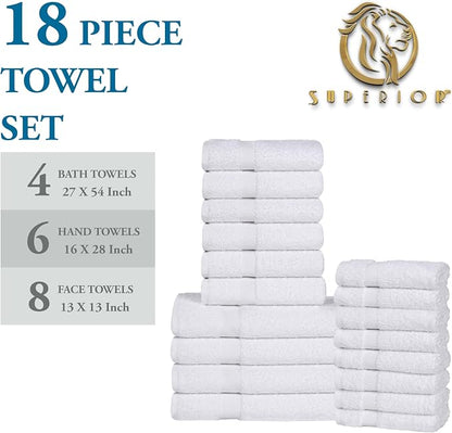 Superior 18-Piece Cotton Assorted Towel Set, Includes 8 Face Towel, 6 Hand, and 4 Bath Towels, Home, Bathroom, Guest Bath Essentials, Quick Dry, Absorbent, Franklin Collection - White