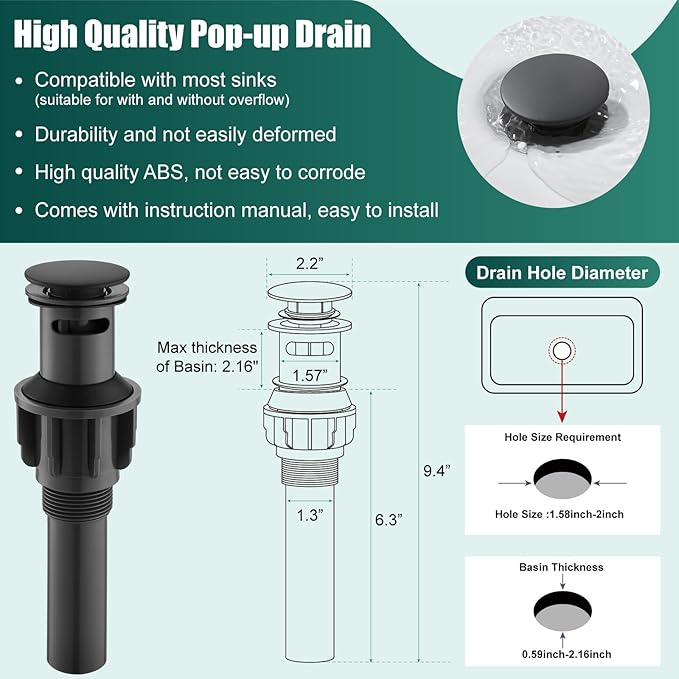 Heyalan Bathroom Faucet Single Handle 1 Hole SUS304 Stainless Steel Deck Mount Lavatory Single Switch Basin Sink Faucet with Pop Up Drain and Hot and Cold Water Mixer Matte Black