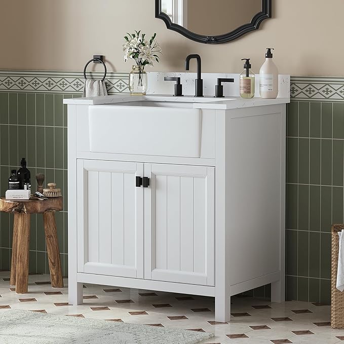 30 Inch Bathroom Vanity with Sink, Farmhouse Single Sink Bathroom Vanity with Adjustable Feet, Bathroom Storage Cabinet with Soft Closing Doors, Apron Farm Sink, White