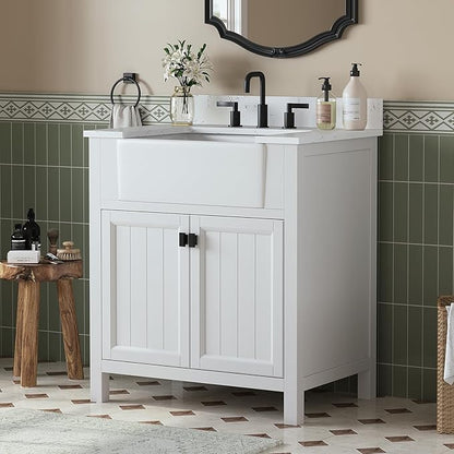 30 Inch Bathroom Vanity with Sink, Farmhouse Single Sink Bathroom Vanity with Adjustable Feet, Bathroom Storage Cabinet with Soft Closing Doors, Apron Farm Sink, White