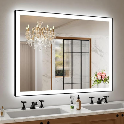 48"x40" LED Bathroom Mirror, Frontlit&Backlit, Controlled Separately | Black Metal Frame, Stepless Dimmable, Anti-Fog, HD Reflection, Shatter-Proof, 3 Colors Lighting, Memory, UL Listed