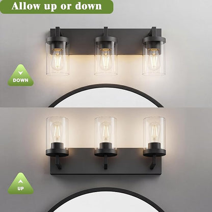 Bathroom Vanity Light, 3 Light Matte Black Vanity Lights with Clear Glass Shade, 22in Modern Wall Sconces, Bathroom Lighting Fixtures Over Mirror
