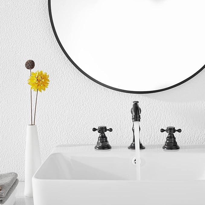 GGStudy Two Handles Three Holes Faucet 8-16 inch Widespread Bathroom Sink Faucet Oil Rubbed Bronze Basin Tap Mixer Supply Hose Included Matching Metal Pop Up Drain