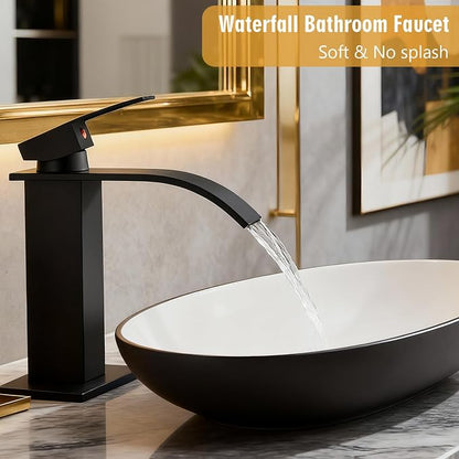 Bathroom Sink Faucet, Waterfall Bathroom Faucet with Pop-up Drain, Supply Hoses and Deck Plate, Suitable for 1 or 3 Holes, Mate Black