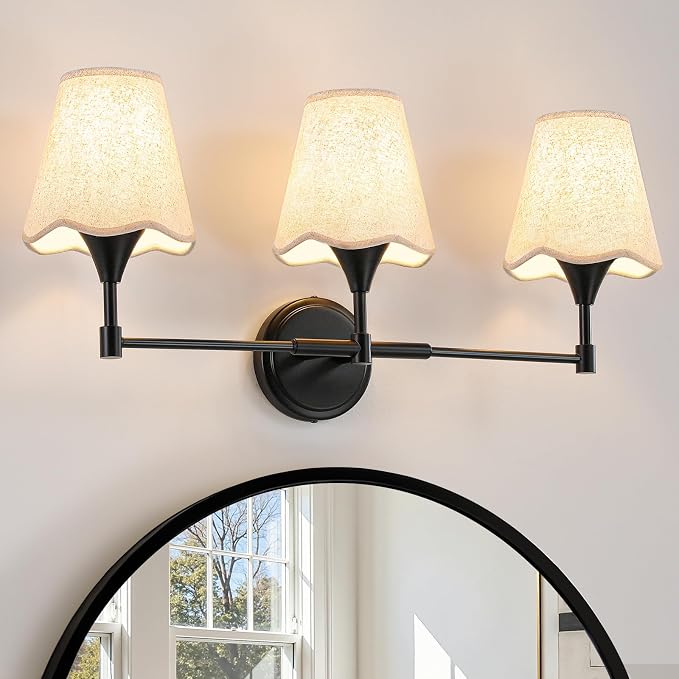 Black Bathroom Vanity Light Fixtures: 3 Light Vanity Lighting Fixtures with Flared Fabric Shade, Matte Black Bathroom Lighting Fixture over Mirror, Wall Sconce Lights for Bedroom Hallway Living Room