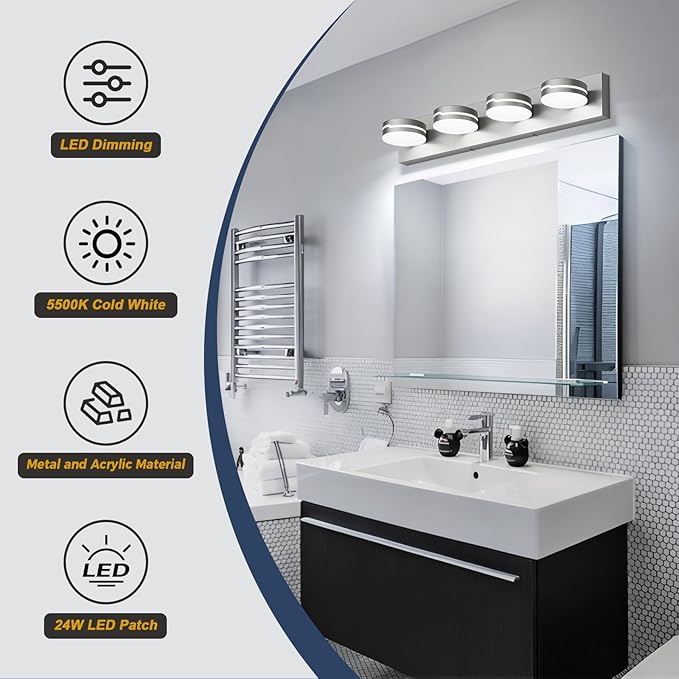 Modern 4-Light Brushed Nickel Bathroom Light Fixture for Bathroom Lighting Fixtures Over Mirror 24W Brushed Nickel Vanity Led Lighting with 350°Rotatable Acrylic Heads (Cool White 5500k)