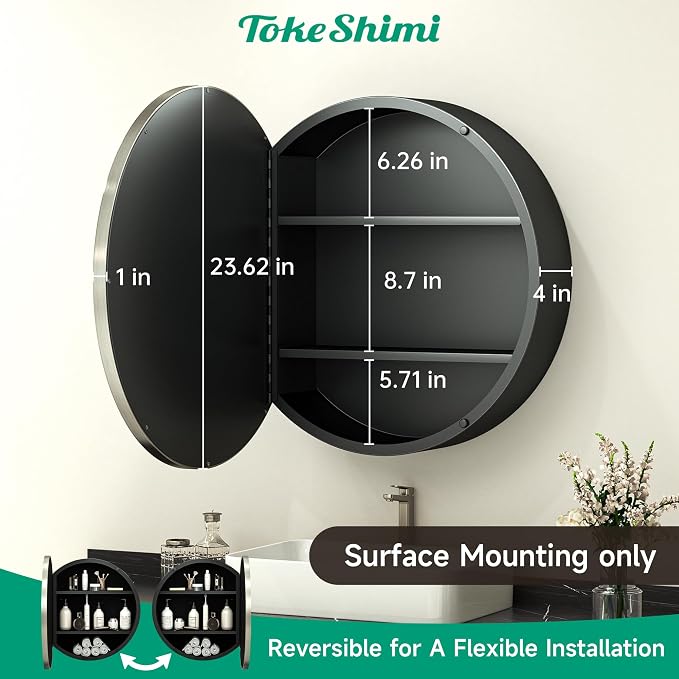 TokeShimi 24 x 24 Round Medicine Cabinet for Bathroom, Brushed Nickel Circle Medicine Cabinet Mirror Shatterproof with Stainless Steel Metal Frame, Detachable Shelves, Wall Mounted Only