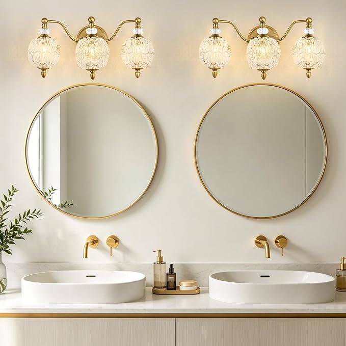 Vintage Bathroom Vanity Light, 3-Light Mid Century Brushed Gold Finish Wall Sconce with Globe Glass Shades, Retro Mirror Light for Bathroom, Powder Room
