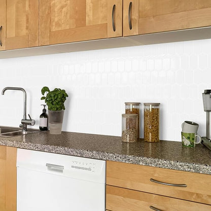 10-Sheet Long Hexagon Peel and Stick Kitchen Backsplash Tiles | 3D Waterproof Self-Adhesive Wall Tile Stick on Backsplash for Kitchen, Bathroom, Fireplace,RV(White,12"×12")