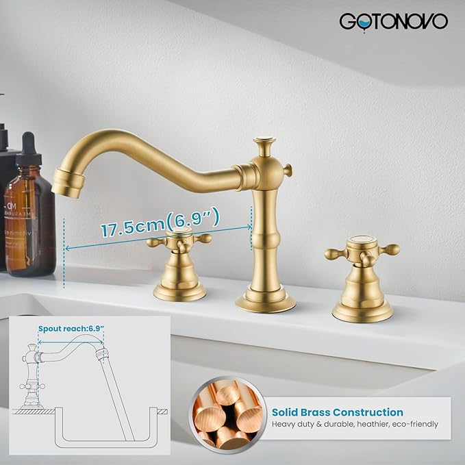gotonovo 3 Hole Widespread Bathroom Sink Faucet Double Cross Handle Mixer Tap Faucet for Bathroom Sink Vanity Faucet Deck Mount Basin Hot Cold Water Matching Pop Up Drain Brushed Gold