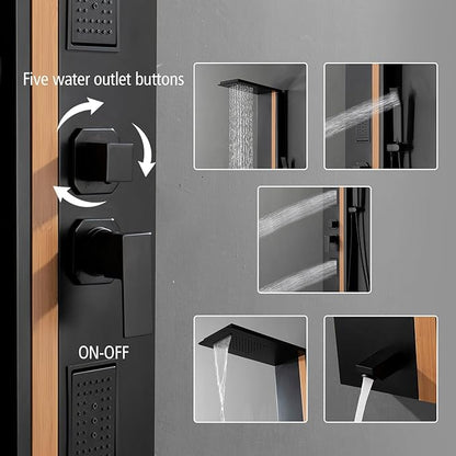 BWE Shower Tower Bathroom Shower Panel System Stainless Steel Multi-Function Shower Panel with Rainfall Waterfall Shower Head Massage Jets Tub Spout, Black