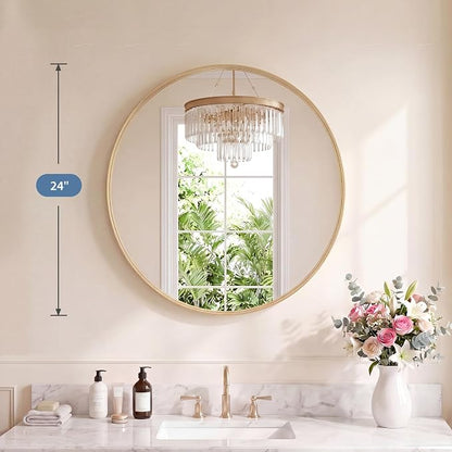 DUMOS Round Wall Mirror 24 Inch, Bathroom Wall Circle Mirror | Bathroom Decor for Entryway, Living Room, Vanity, Metal Frame, Tempered Glass, Anti-Rust, Hanging or Leaning, Gold