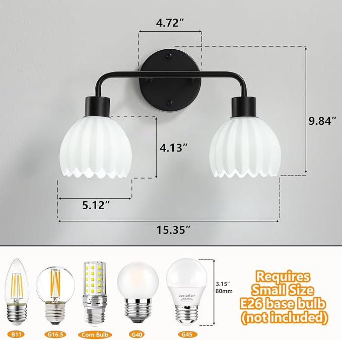 Black 2-Light Vanlity Light Over Mirror,Wall Sconces,Modern Bathroom Light Fixture with Milk White Glass Flower Shade,E26 Socket(Bulbs Not Included)