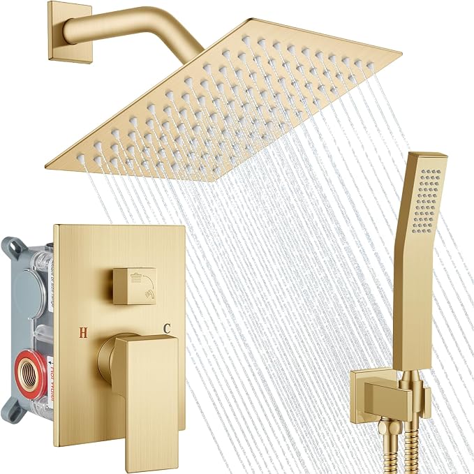 Midanya Shower Faucet Set with Handheld Sprayer,8 Inch,Brushed Gold | Rough-in Shower Valve and Trim Kit Included,Square Rain Head,Wall Mount Shower System,All Metal,Bathroom