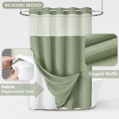 No Hook Shower Curtain and Liner Set,Sage Green Hotel Waffle Shower Curtain with Liner 75" L x 72" W