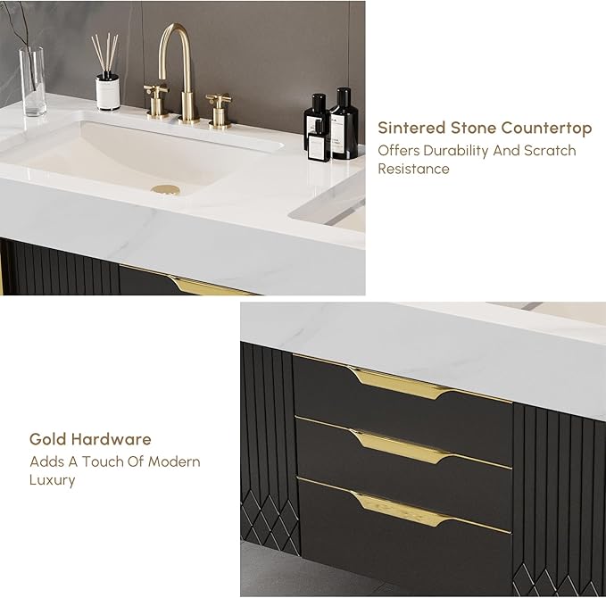 Bathroom Vanity with Sink, Modern Bathroom Vanity with Faux Marble Top, Gold Hardware & Soft-Close Drawers for Bathroom Storage (59.1 Inch, Black, Double Sink & Floating)