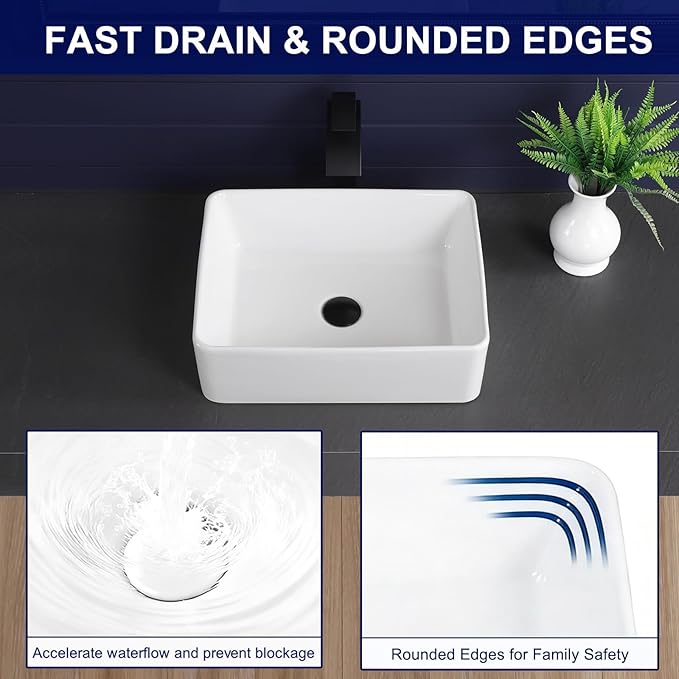 Vessel Sink 19"x15" Rectangular Bathroom Sink Modern White Porcelain Ceramic Above Counter Drop-in Vanity Sink for Bathrooms Art Basin