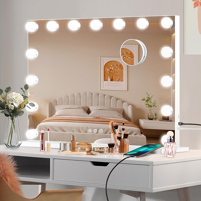 Moonee Vanity Mirror with Lights, Hollywood Lighted Makeup Mirror with 15 Dimmable Bulbs and 10X Magnification, 3 Colors Modes, Light Up Mirror, Gifts for Women, Girls,Dorm Room Essentials（23" x 18"）