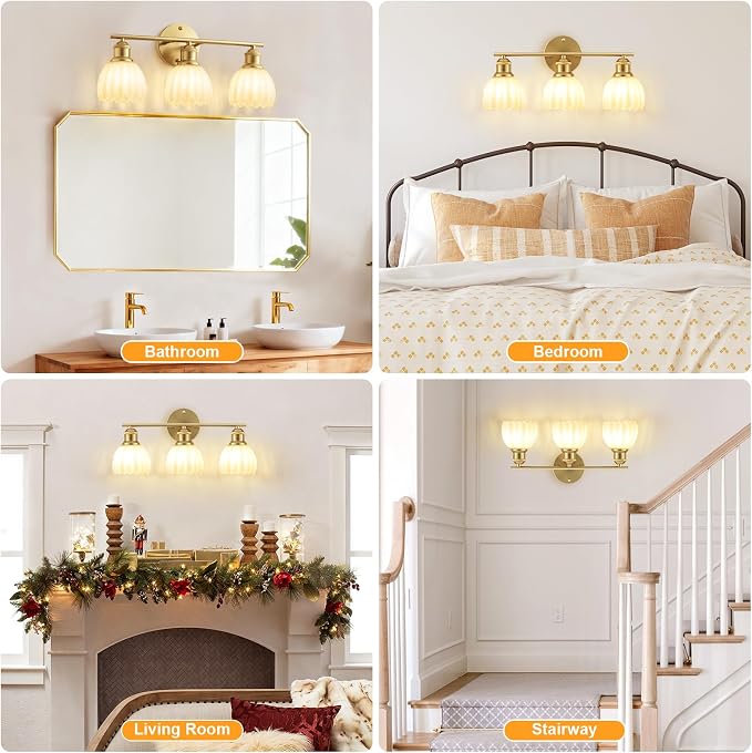 Bathroom Light Fixtures, 3-Light Brushed Gold Vanity Lights for Bathroom with White Tulip Glass Shade, 20" Vintage Bathroom Vanity Lighting Fixtures Over Mirror for Bedroom Living Room Hallway