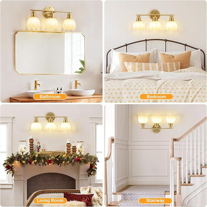 Bathroom Light Fixtures, 3-Light Brushed Gold Vanity Lights for Bathroom with White Tulip Glass Shade, 20" Vintage Bathroom Vanity Lighting Fixtures Over Mirror for Bedroom Living Room Hallway