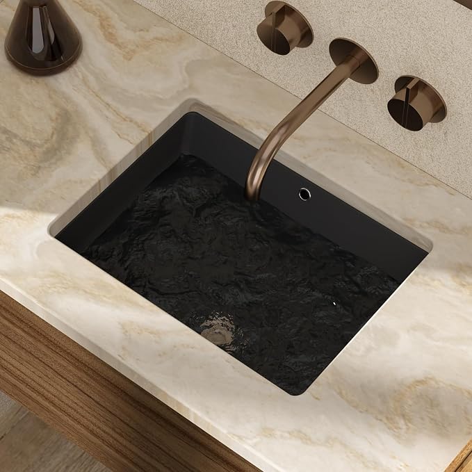18x14 Inch Black Rectangle Undermount Bathroom Sink | Interior Bowl Size 16"W x 12"D, Ceramic, Curved Bottom, Easy to Clean, with Overflow, Ideal for Bathroom, Lavatory, Vanity