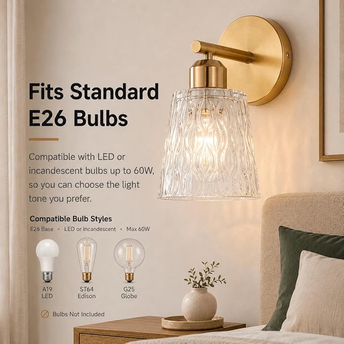 Brushed Gold Bathroom Wall Sconce, 1-Light Stainless Steel Vanity Light Over Mirror with Textured Glass Shade, Modern E26 Fixture for Bathroom Lighting (Bulb Not Included)