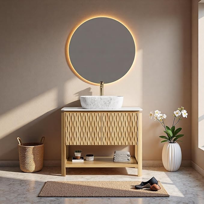 36" Bathroom Vanity with Sink, Freestanding Bathroom Storage Cabinet with Marble-Pattern Ceramic Basin & 2 Bamboo Texture Doors, Floor Stand Vanity Combo with Bottom Open Shelf, Natural