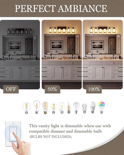 6-Light Matte Black Bathroom Light Fixtures Over Mirror with Frosted Milk Glass and Metal Cage Shade, 42" UL-Listed Modern Farmhouse Wall Sconce for Bath, Hardwire E26, OS-3014BKW-6W