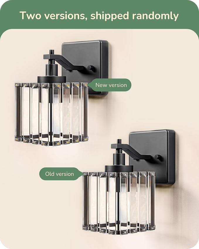 EDISHINE Hardwired Black Crystal Wall Sconces Set of 2, Modern Vanity Light | Reversible Up/Down Mounting, 1-Light, Rust-Resistant Metal, Indoor Lighting Fixtures Over Mirror, for Bathroom