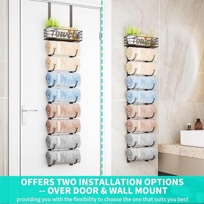 HapiRm Towel Racks for Bathroom Storage - 9 Tier Over The Door & Wall Mount Rolled Towel Storage Organizer Holder with Metal Shelf Basket for Small Bathroom, Camper, Rv - Patented
