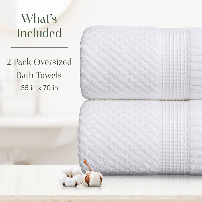 2 Pack Oversized Bath Towels 100% Cotton | White Towels | Oeko‑TEX Standard 100 | Soft & Absorbent, Quick‑Dry | Trinity Collection - Bright White