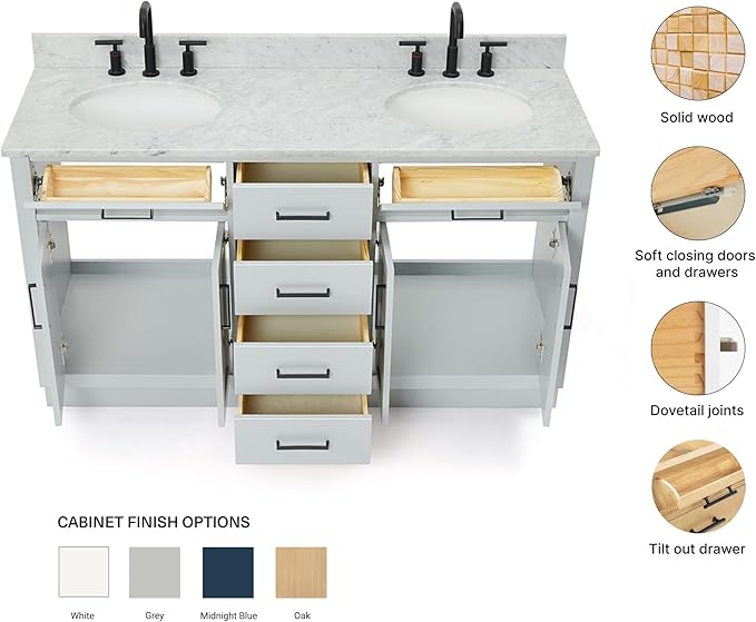 ARIEL Hepburn 60-inch Bathroom Vanity with Sink,Solid Wood, 0.75-inch Italian Carrara Marble Countertop & Backsplash, Double Oval Porcelain Sink, 4 Soft Closing Doors, 6 Dovetail Drawers, Grey