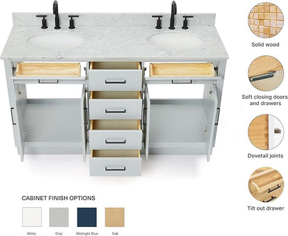ARIEL Hepburn 60-inch Bathroom Vanity with Sink,Solid Wood, 0.75-inch Italian Carrara Marble Countertop & Backsplash, Double Oval Porcelain Sink, 4 Soft Closing Doors, 6 Dovetail Drawers, Grey