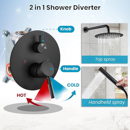 gotonovo Shower System 10 Inch Round Rainfall Showerhead Wall Mounted High Pressure Shower Faucet Set Fixture Combo with Rough in Valve and Cylindrical Handheld Spray, Matte Black