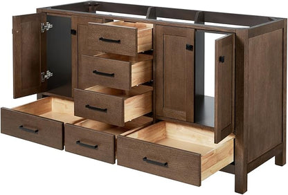 ARIEL Cambridge 60-inch Bathroom Vanity Base Cabinet,Solid Wood, 4 Soft Closing Doors, 6 Dovetail Drawers, Brown Oak