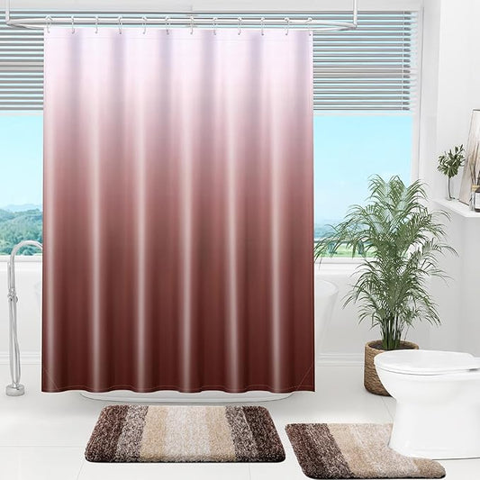 OLANLY Luxury Brown and White Ombre Shower Curtain Sets with 12 Hooks, Waterproof and Washable Decorative Shower Curtains for Bathroom, 72x72 Inches