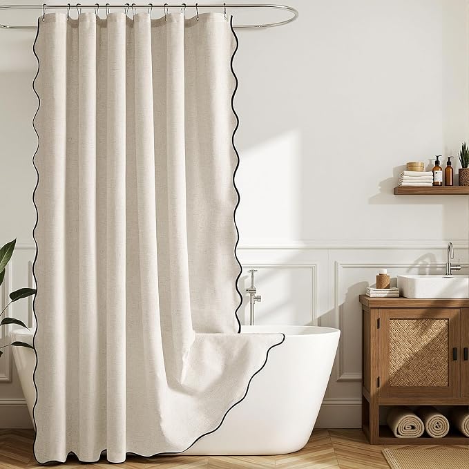 MIULEE 84" Long Natural Scalloped Linen Shower Curtain 72W x 84L | 12 metal hooks, Linen scalloped, waterproof washable, thick heavy cloth, black border, boho farmhouse, bathroom hotel use