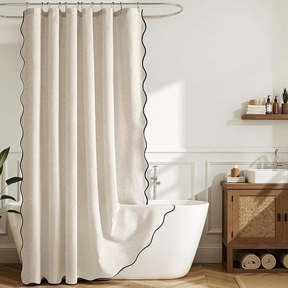 MIULEE 90" Long Natural Scalloped Linen Shower Curtain 72W x 90L | 12 metal hooks, Linen scalloped, waterproof washable, thick heavy cloth, black border, boho farmhouse, bathroom hotel use