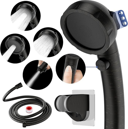 HANLIAN On/Off High Pressure Handheld Shower Head for RV Camper | 3 Spray Modes Shower Head with Pause Button, Water Saving Shower Head with Hose and Self-adhesive Holder(Oil-Rubbed Bronze)