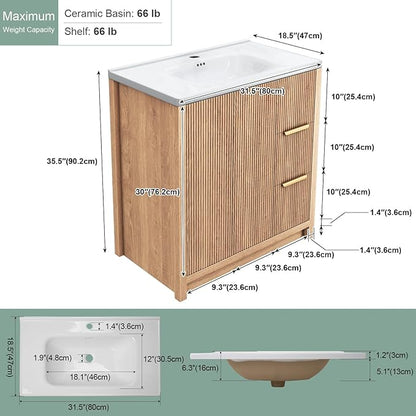 32 Inch Bathroom Vanity with Sink, Bathroom Vanity Cabinet with Single Sink, Bath Vanities with 2 Doors and 2 Drawers, Light Oak (19" D x 32" W x 36" H)