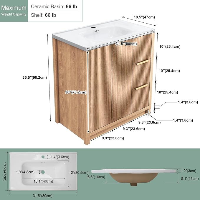 32 Inch Bathroom Vanity with Ceramic Sink, Small Bathroom Sink Cabinet with Fluted Doors and 2 Drawers, Single Sink Bath vanities Combo, Light Oak (19" D x 32" W x 36" H)