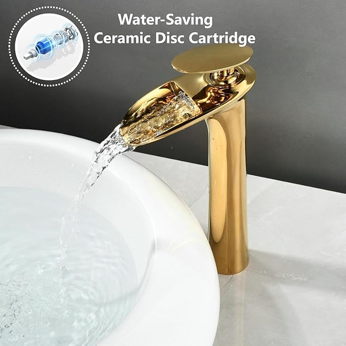 Luxury Gold Tall Bathroom Faucet - Modern Single Lever Sink Mixer Tap, Elegant Waterfall Design, Stylish Upgrade for Home, Single Hole Installation