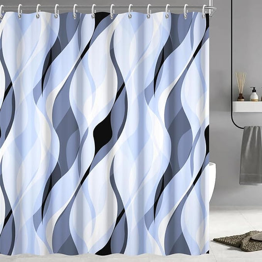 Light Blue Shower Curtain, Modern Abstract Blue and Grey Striped Shower Curtain Set for Bathroom Waterproof Polyester Shower Curtain with Hooks, 72x78 Inch