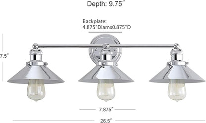 JONATHAN Y 26.5" Chrome 3-Light Industrial Farmhouse Metal Vanity Light Wall Sconce, Metal Shade for Bathroom Mirror, Kitchen, Entryway, LED Bulb Included (JYL7425A)