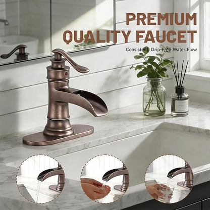 Bathroom Sink Faucet Waterfall Bath Faucets & Parts with Pop Up Drain Stopper Copper Farmhouse Antique Vanity Single Handle Single Hole Commercial Rustic Supply Lines Hose by Bathfinesse